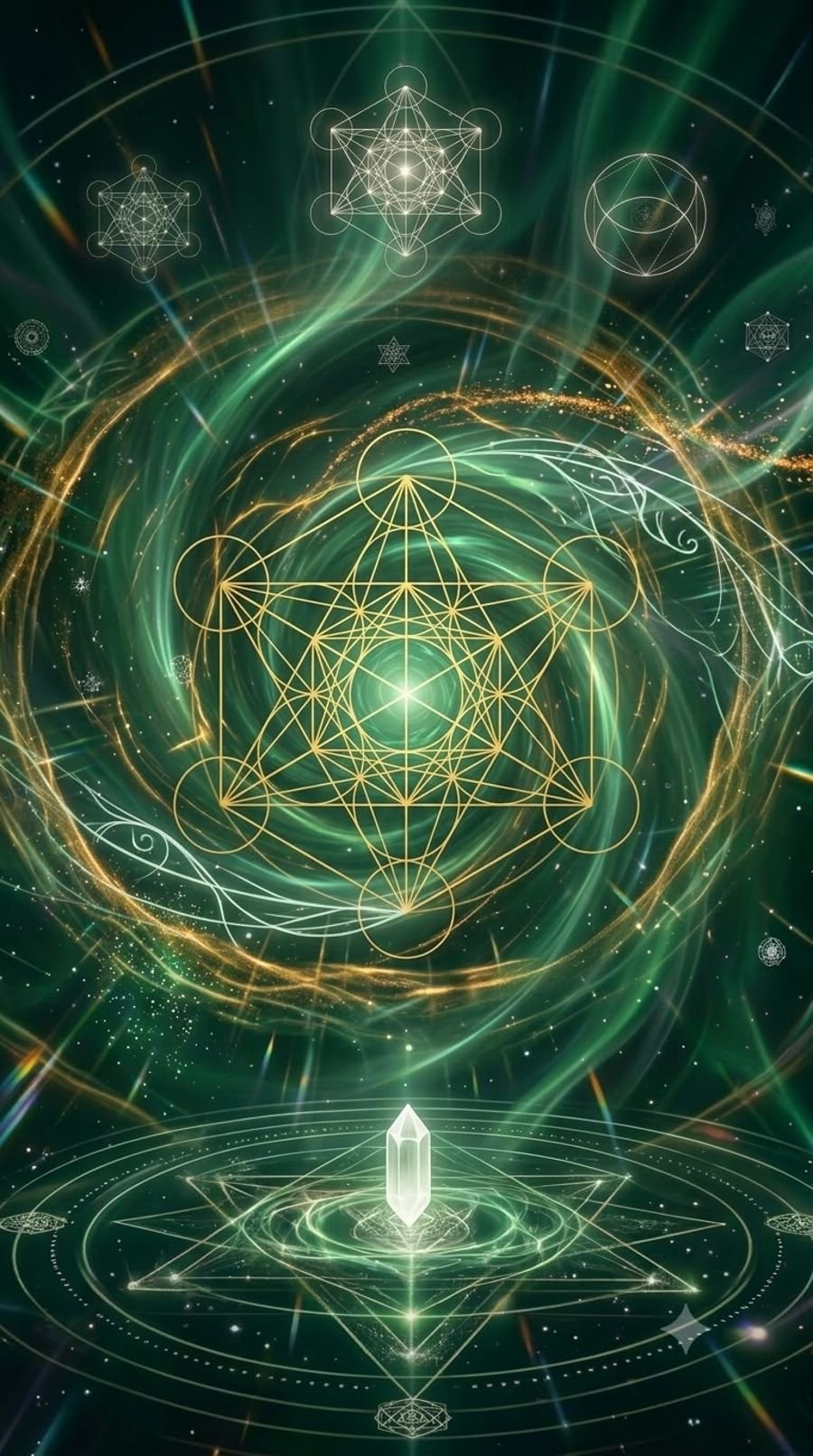 Arte de geometria sagrada em tons de verde e dourado